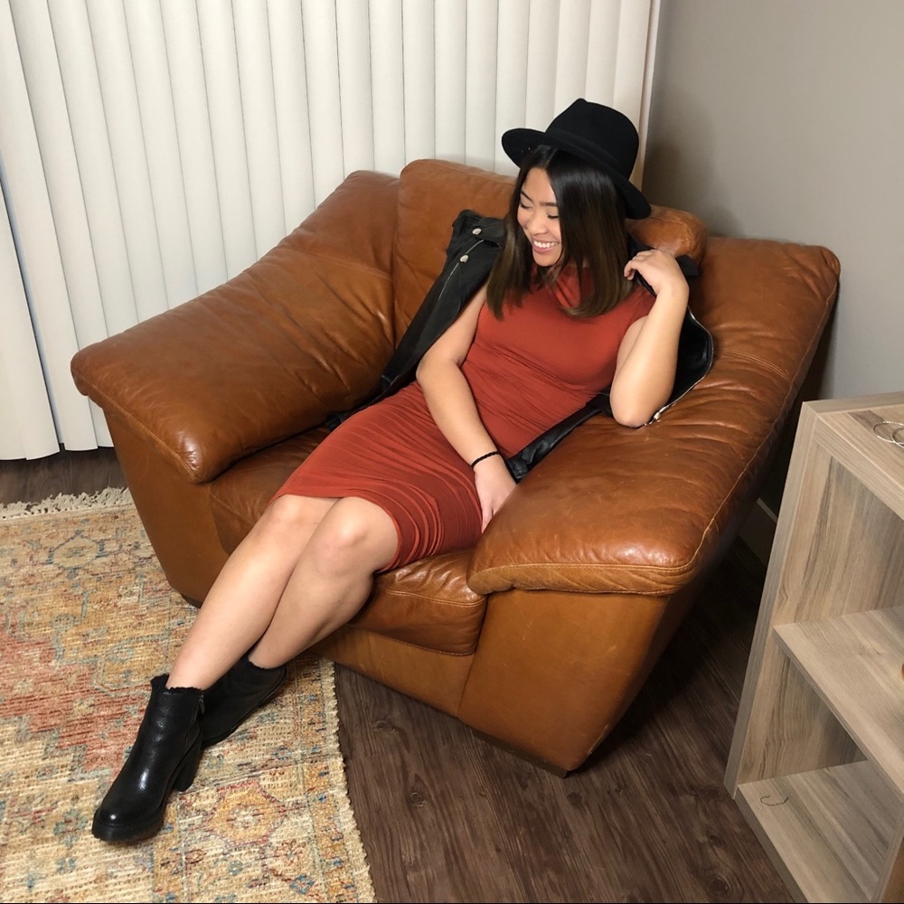 Mock Neck Terracotta Cotton Midi Dress